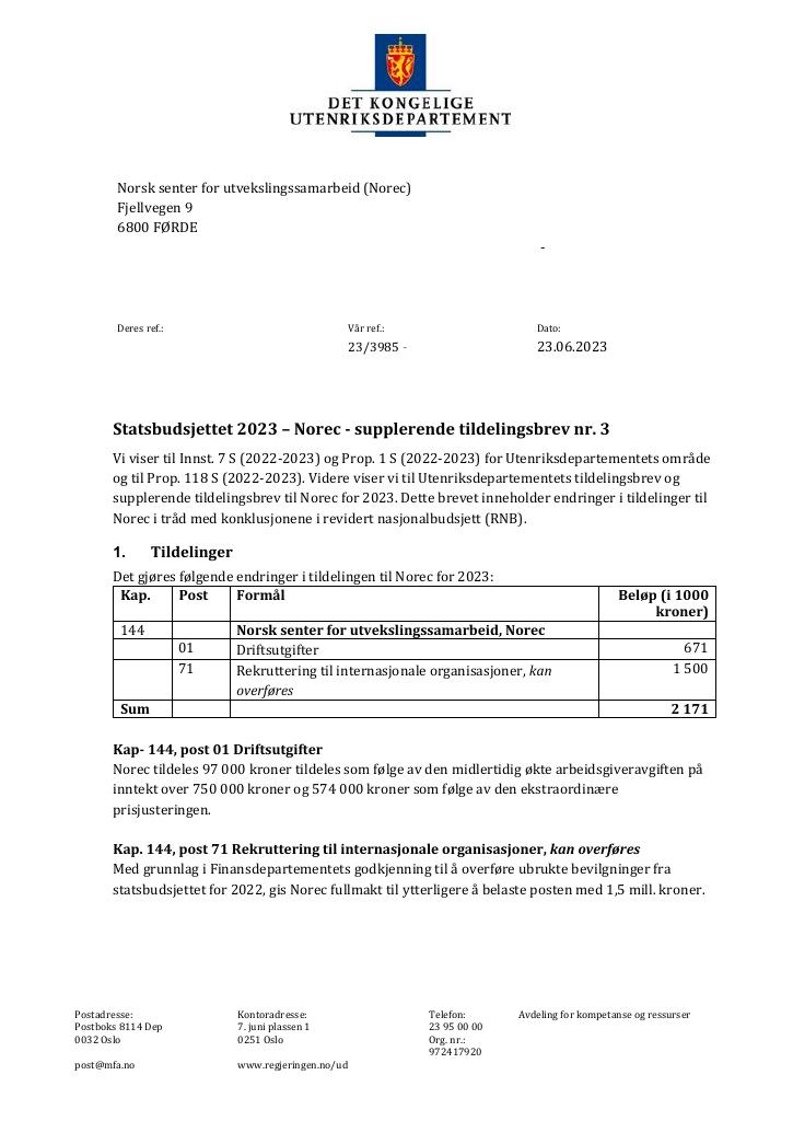 Forsiden av dokumentet Tildelingsbrev Norec 2023 - tillegg nr. 3