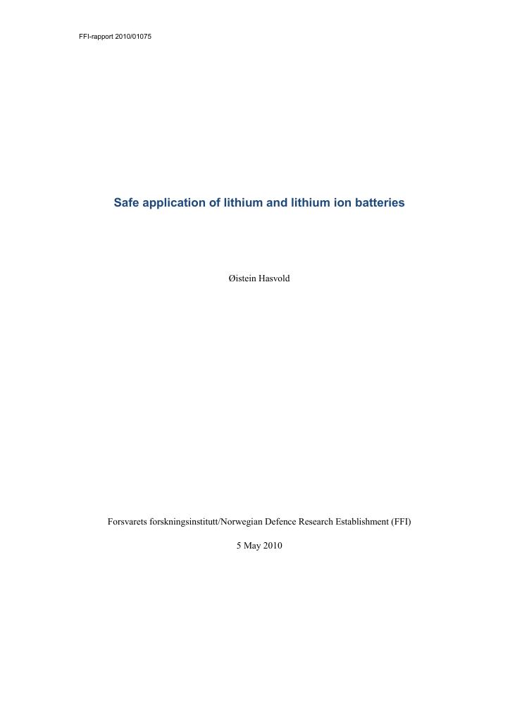 Forsiden av dokumentet Safe application of lithium and lithium ion batteries