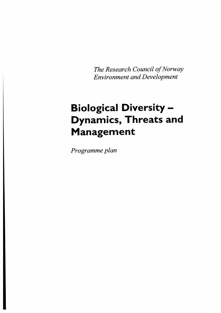 Forsiden av dokumentet Programme plan - BIOMANGFOLD Biological Diversity - Dynamics, Threats and Management