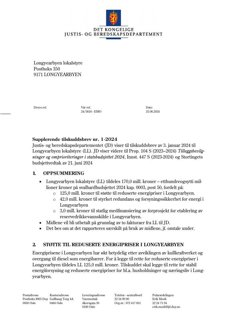 Forsiden av dokumentet Tilskuddsbrev Longyearbyen lokalstyre - tillegg nr. 1