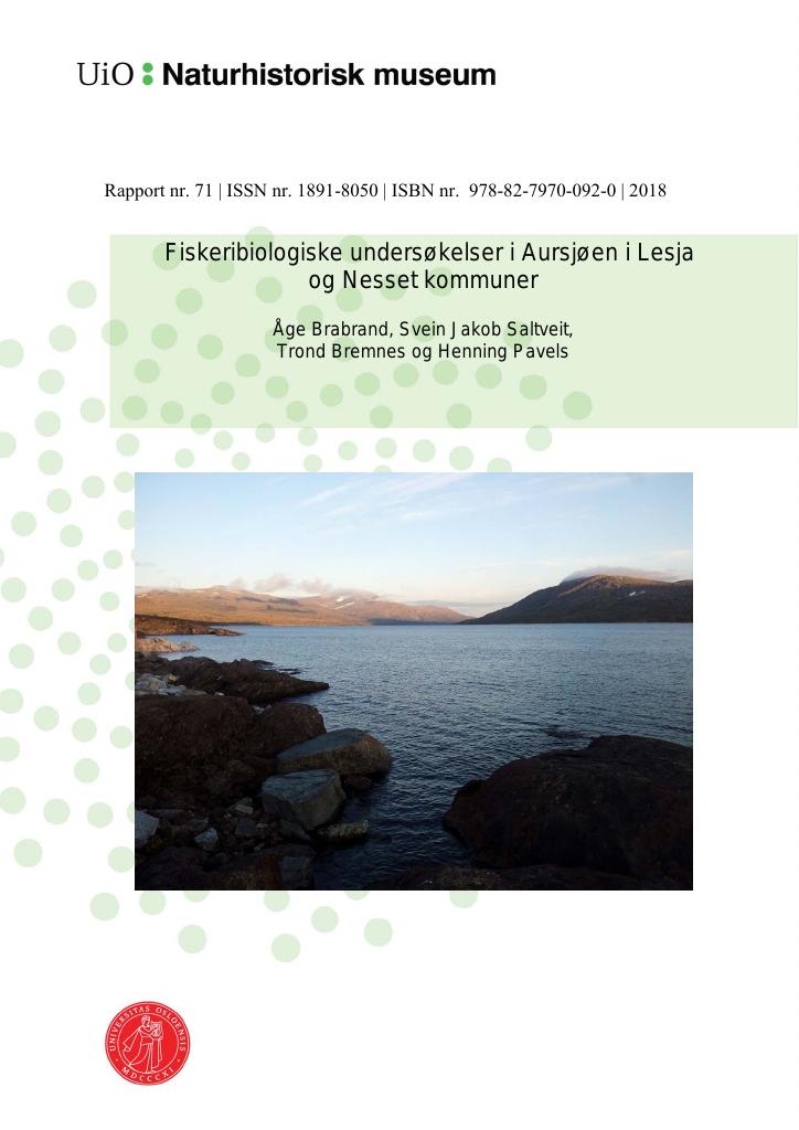 Forsiden av dokumentet Fiskeribiologiske undersøkelser i Aursjøen i Lesja og Nesset kommuner