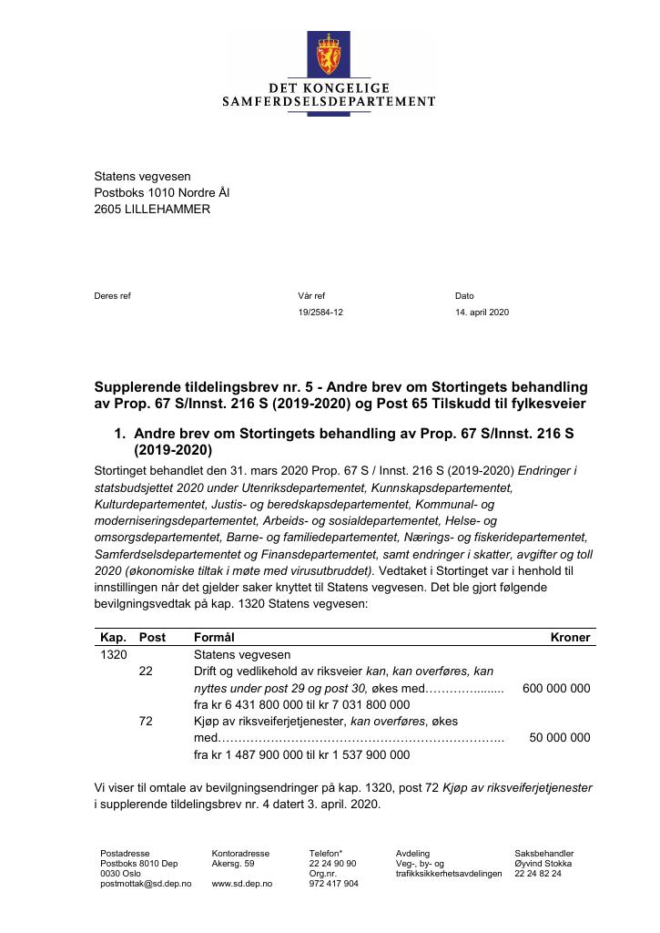 Forsiden av dokumentet Tildelingsbrev Statens vegvesen 2020 - tillegg nr. 5