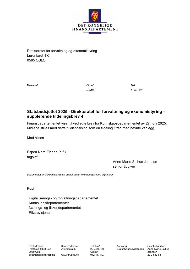 Forsiden av dokumentet Tildelingsbrev Direktoratet for forvaltning og økonomistyring 2025 - tillegg nr. 4