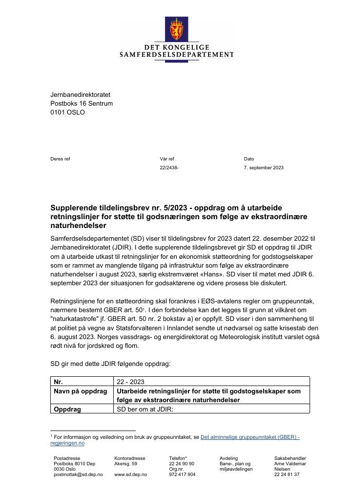 Forsiden av dokumentet Tildelingsbrev Jernbanedirektoratet 2023 - tillegg nr. 5