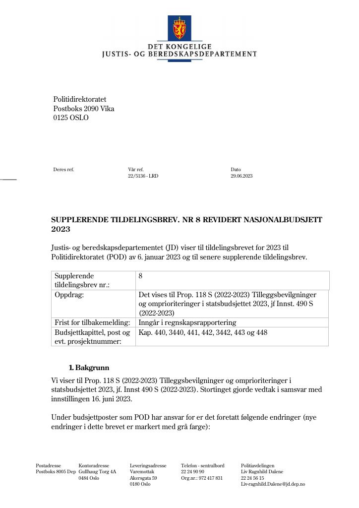 Forsiden av dokumentet Tildelingsbrev Politiet 2023 - tillegg nr. 8