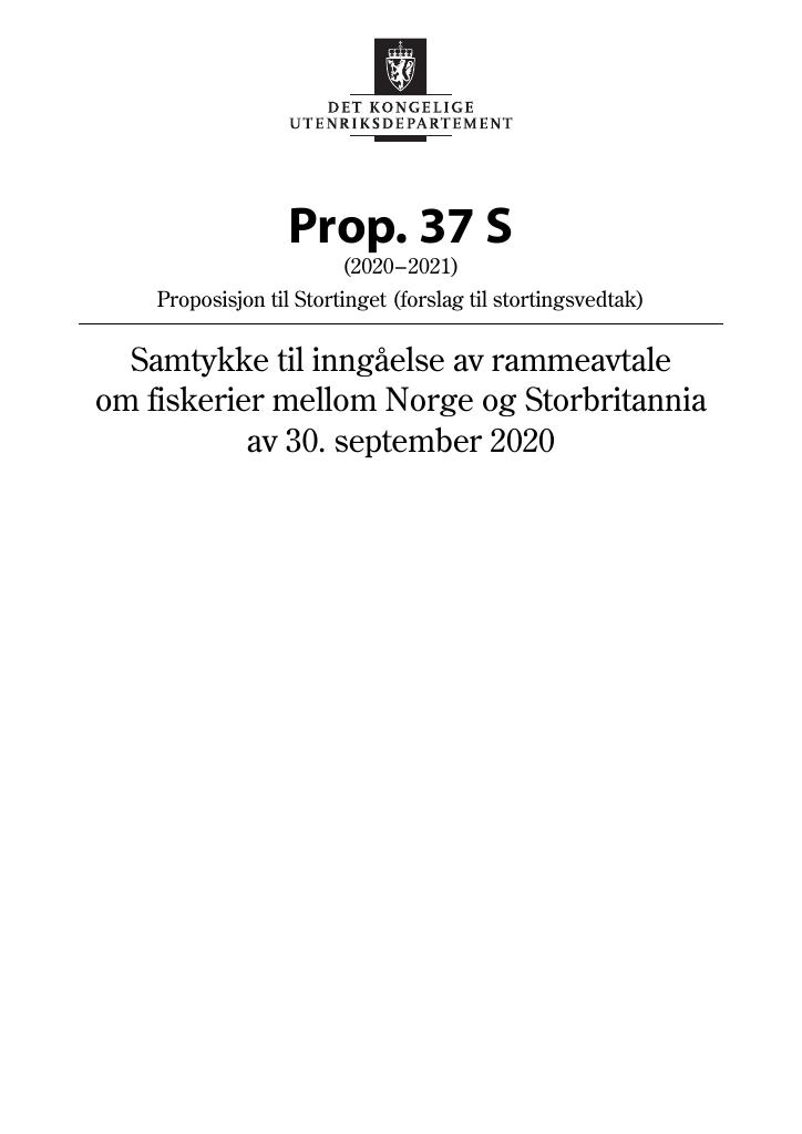 Forsiden av dokumentet Prop. 37 S (2020–2021)