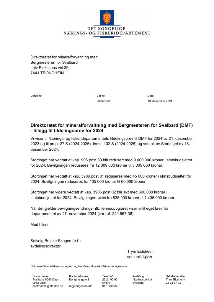 Forsiden av dokumentet Tildelingsbrev Direktoratet for mineralforvaltning 2024 - tillegg