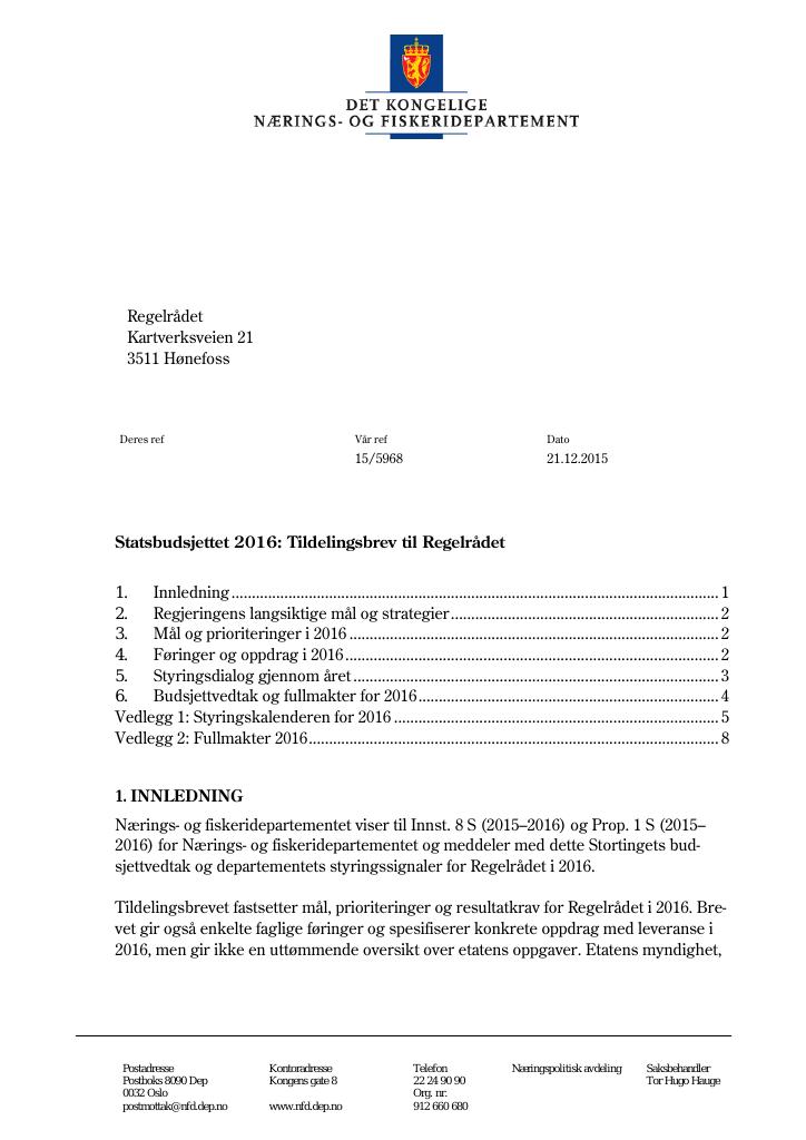 Forsiden av dokumentet Tildelingsbrev Regelrådet 2016