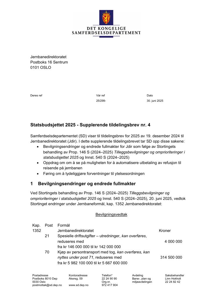 Forsiden av dokumentet Tildelingsbrev Jernbanedirektoratet 2025 - tillegg nr. 4