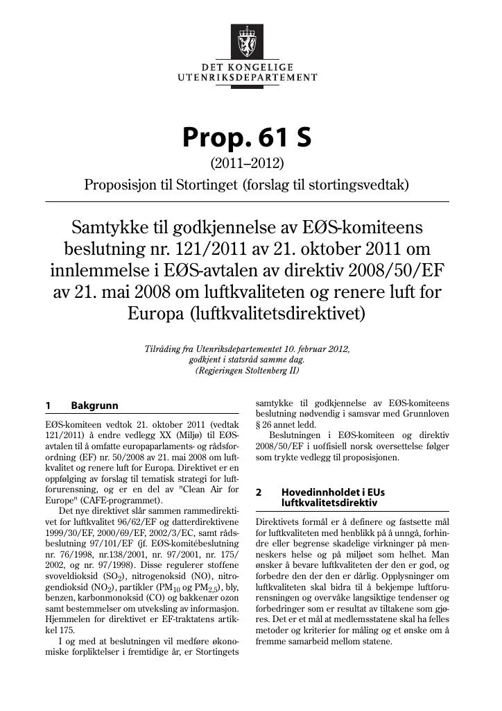 Forsiden av dokumentet Prop. 61 S (2011–2012)