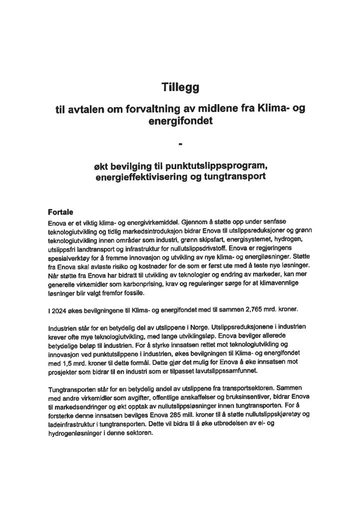 Forsiden av dokumentet Tildelingsbrev ENOVA SF 2024 - tillegg punktutslippsprogram energieffektivisering og tungtransport