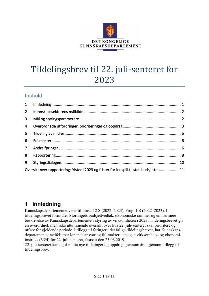 Forsiden av dokumentet Tildelingsbrev 22. juli-senteret 2023