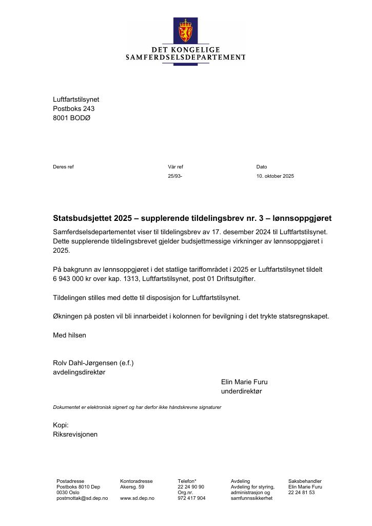 Forsiden av dokumentet Tildelingsbrev Luftfartstilsynet 2025 - tillegg nr. 3