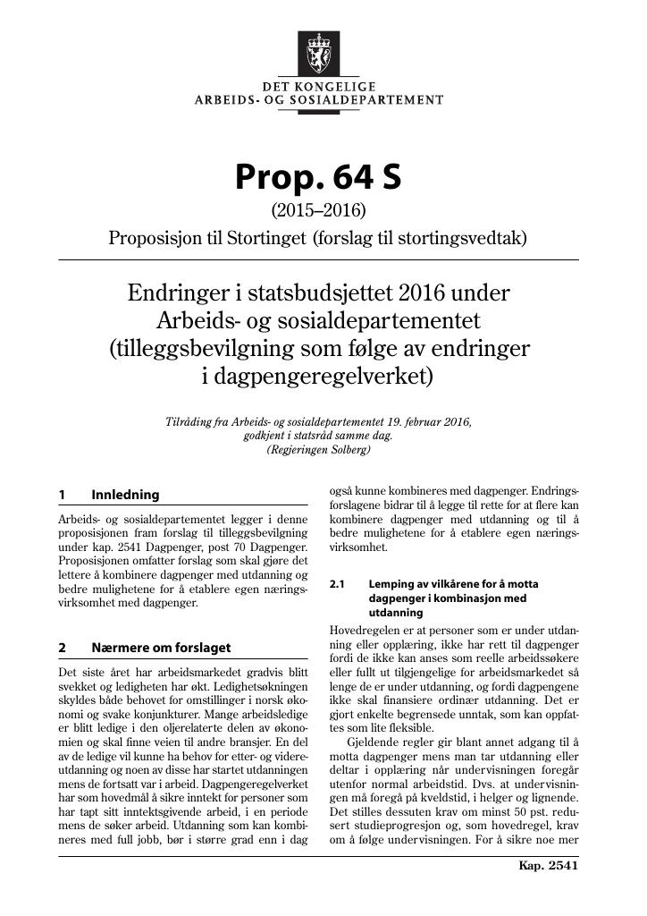 Forsiden av dokumentet Prop. 64 S (2015–2016)