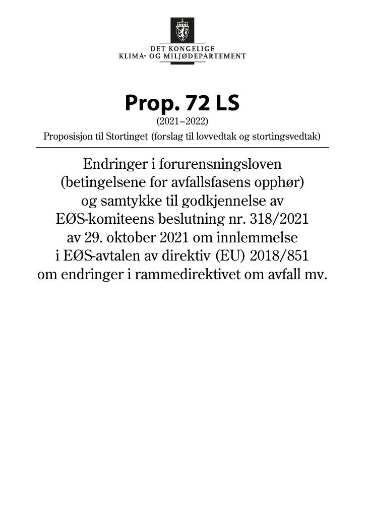 Forsiden av dokumentet Prop. 72 LS (2021–2022)