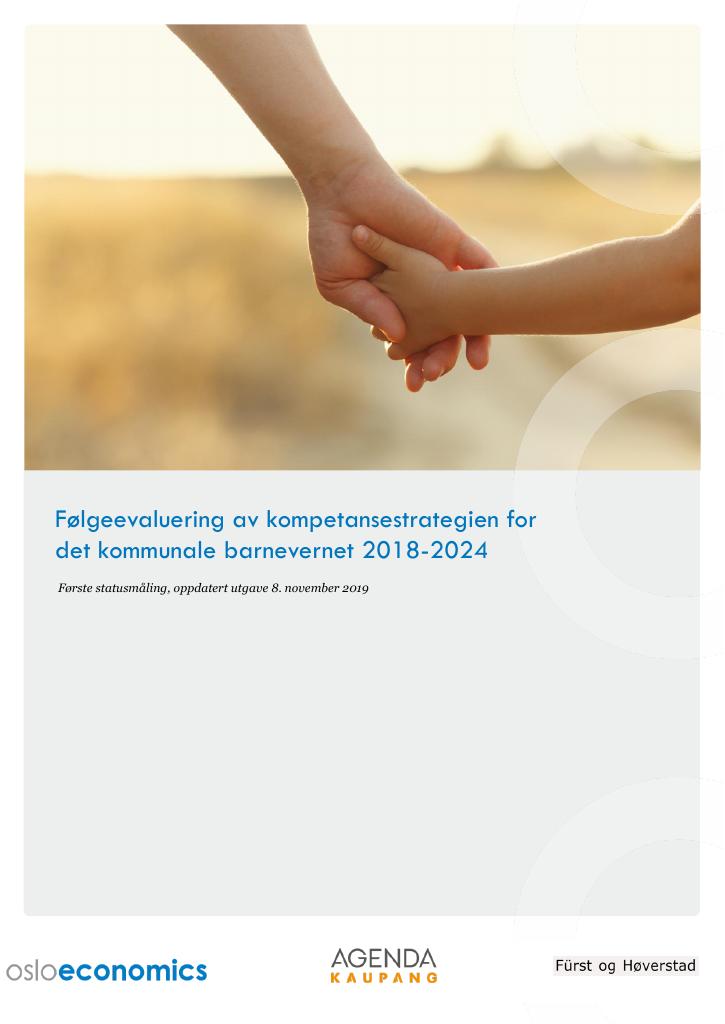 Forsiden av dokumentet Følgeevaluering av kompetansestrategien for det kommunale barnevernet 2018-2024 - Første statusmåling, oppdatert utgave 8. november 2019