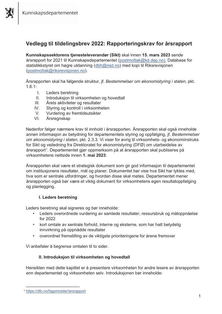 Forsiden av dokumentet Rapporteringskrav for årsrapport 2022