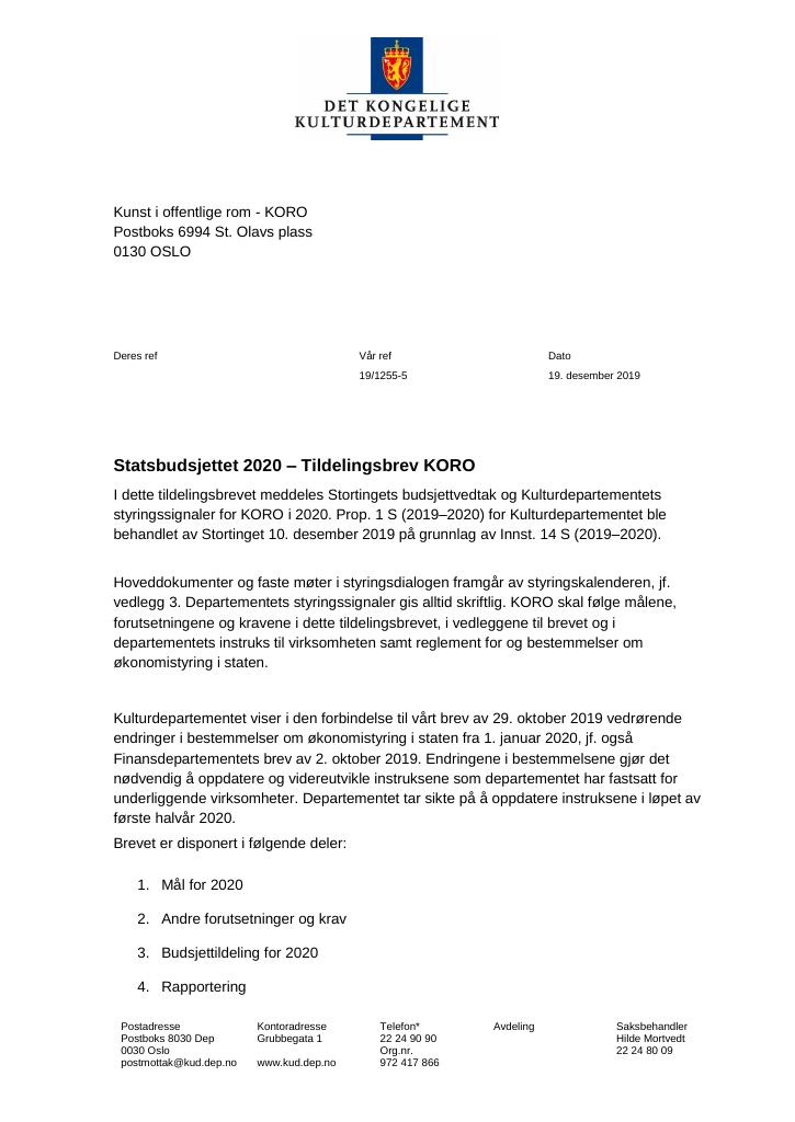 Forsiden av dokumentet Tildelingsbrev KORO 2020