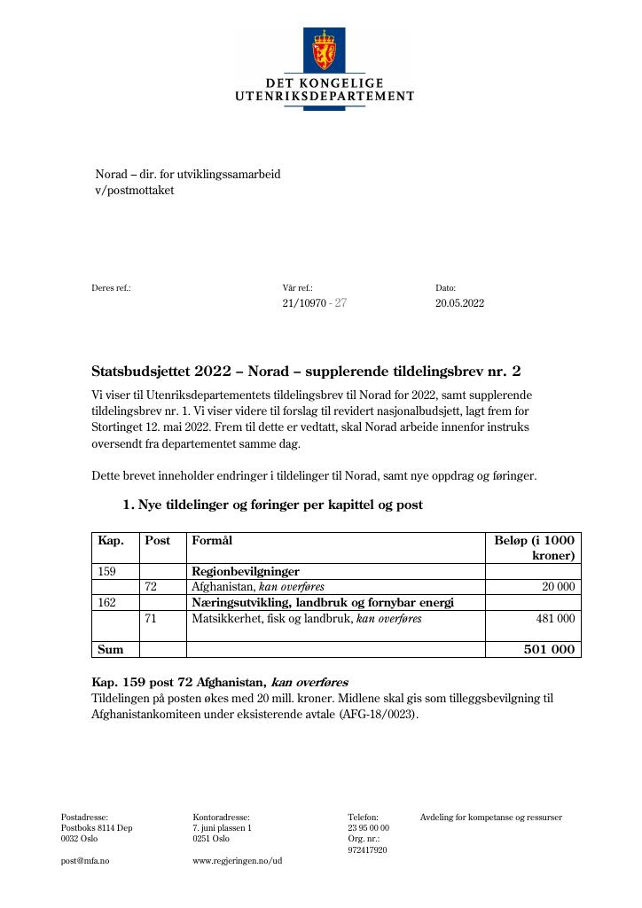 Forsiden av dokumentet Tildelingsbrev NORAD 2022 - tillegg nr. 2