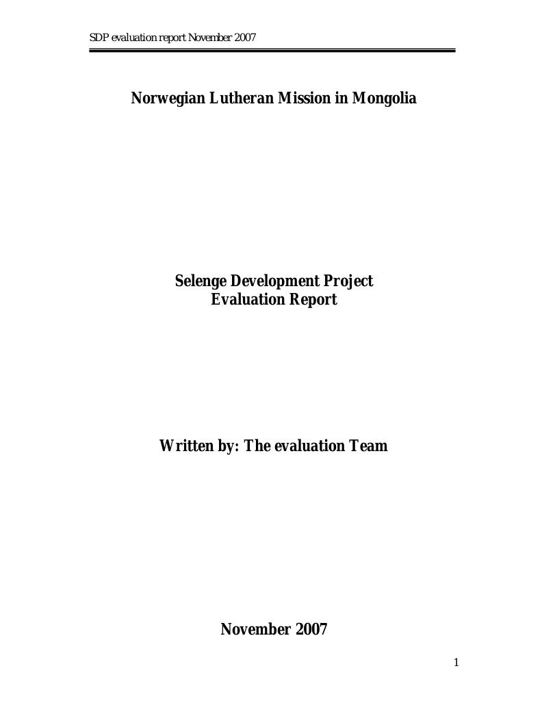 Forsiden av dokumentet Selenge Development Project Evaluation Report, November 2007 (Final evaluation report)