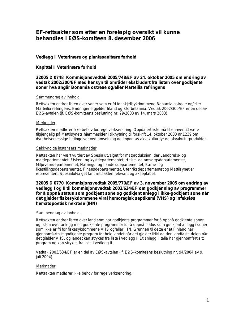 Forsiden av dokumentet EF-rettsakter som etter en foreløpig oversikt vil kunne behandles i EØS-komiteen 8. desember 2006