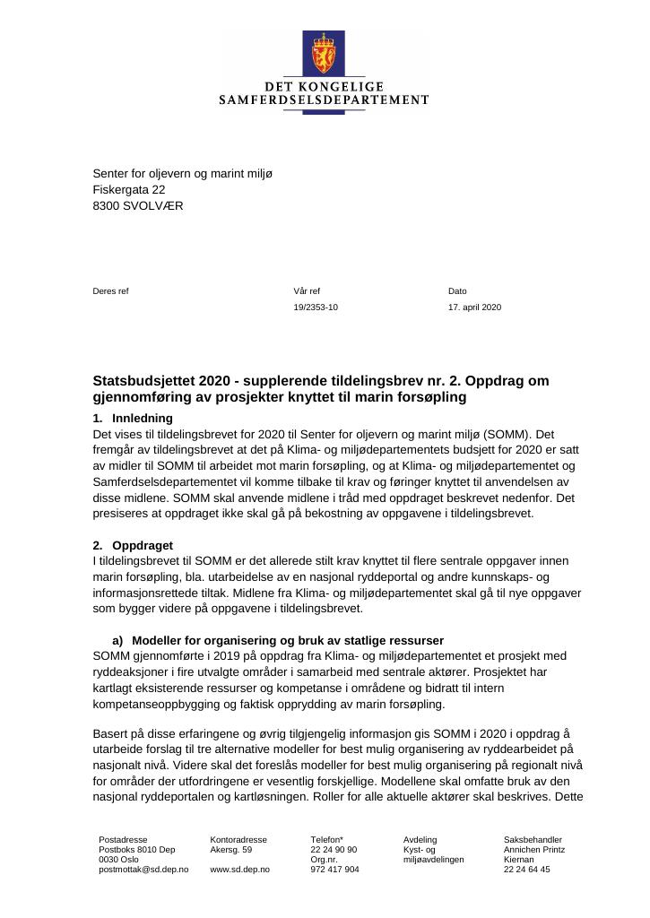 Forsiden av dokumentet Tildelingsbrev Senter for oljevern og marint miljø 2020 - tillegg nr.2