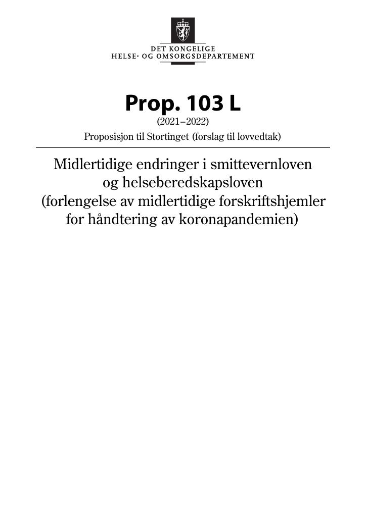 Forsiden av dokumentet Prop. 103 L (2021–2022)