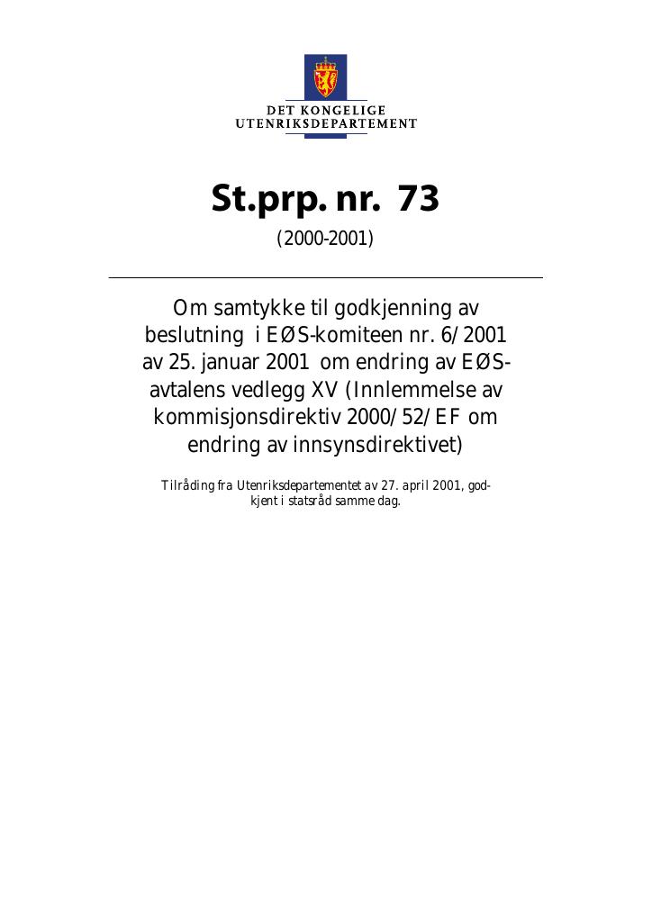 Forsiden av dokumentet St.prp. nr. 73 (2000-2001)