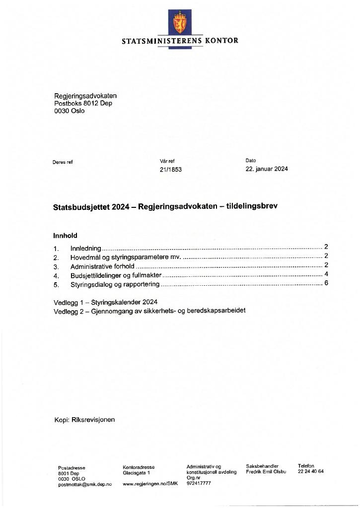 Forsiden av dokumentet Tildelingsbrev Regjeringsadvokaten 2024