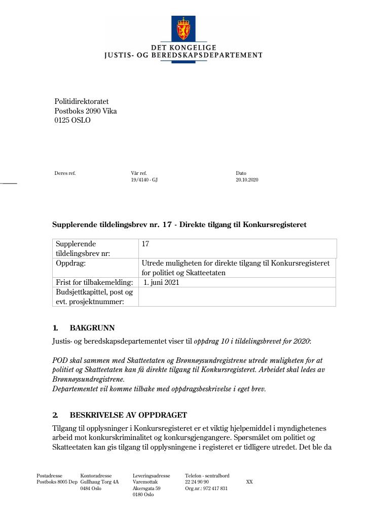 Forsiden av dokumentet Supplerende tildelingsbrev Politidirektoratet 2020 - nr. 17