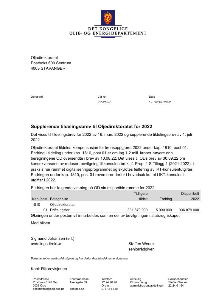 Forsiden av dokumentet Tildelingsbrev Oljedirektoratet 2022 - tillegg