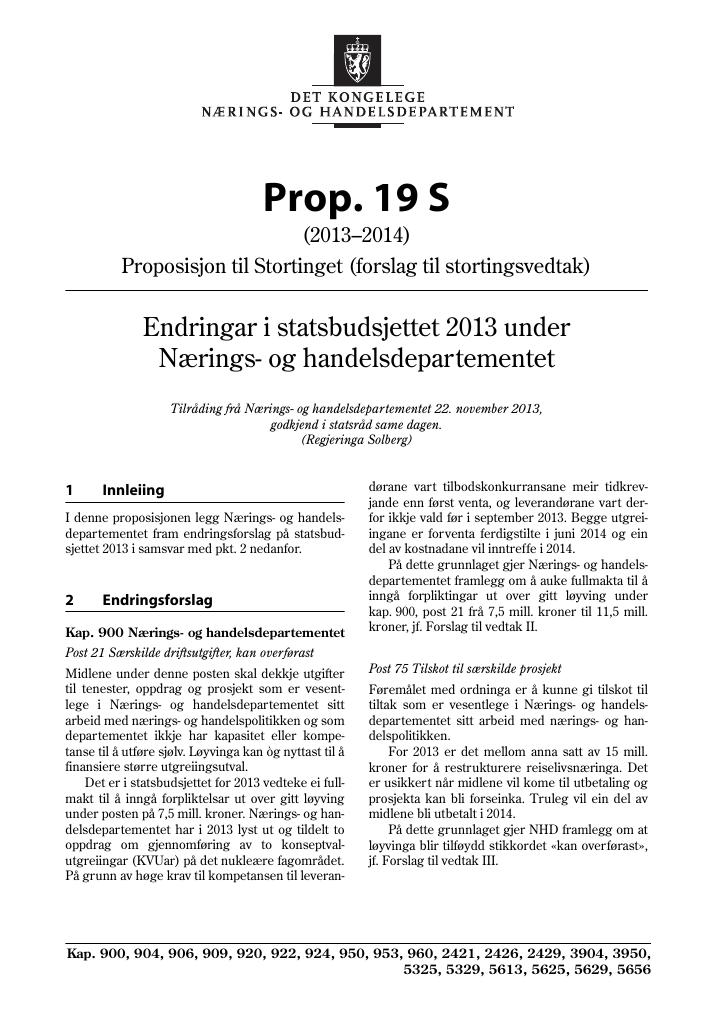 Forsiden av dokumentet Prop. 19 S (2013–2014)