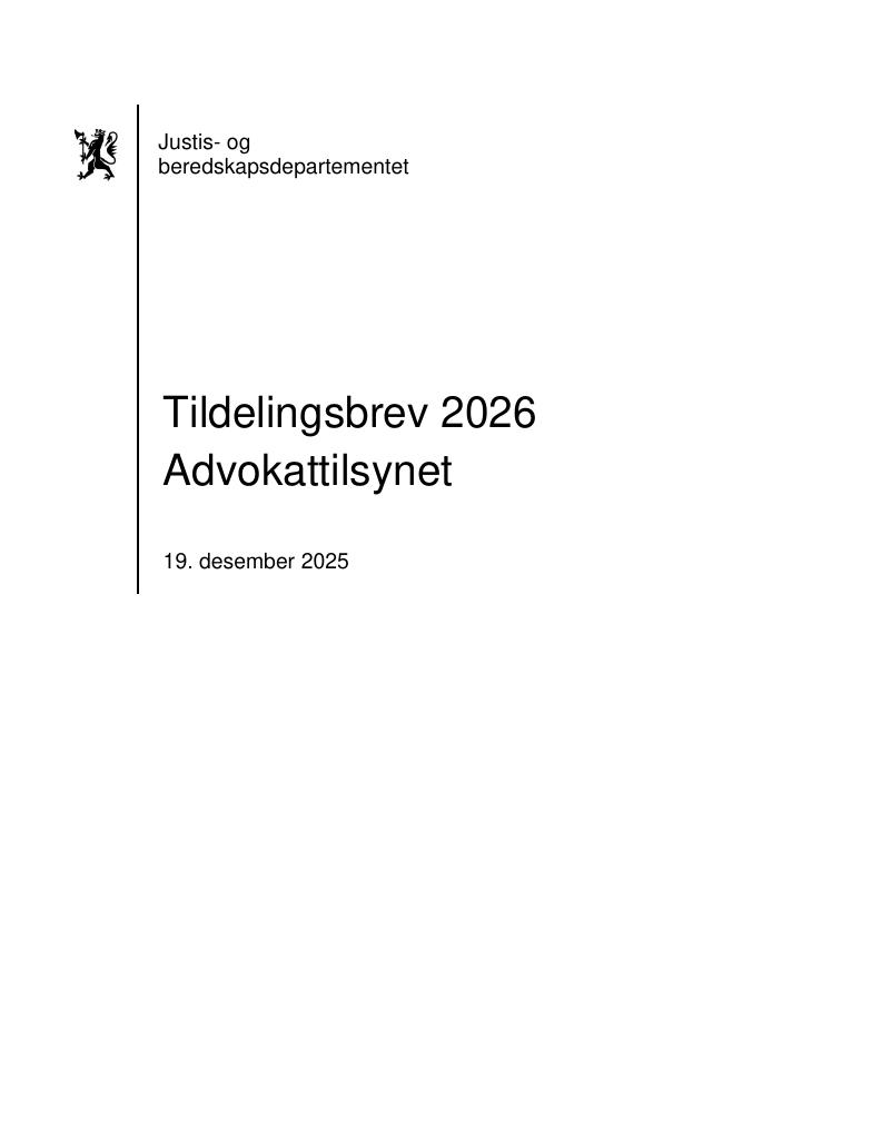 Forsiden av dokumentet Tildelingsbrev Advokattilsynet 2026