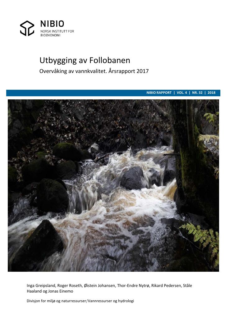 Forsiden av dokumentet Utbygging av Follobanen. Overvåking av vannkvalitet. Årsrapport for 2017.