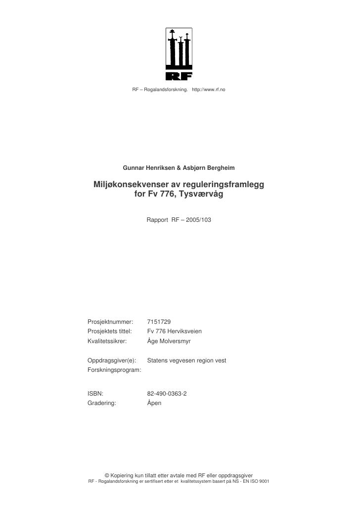 Forsiden av dokumentet Miljøkonsekvenser av reguleringsframlegg for Fv 776, Tysværvåg