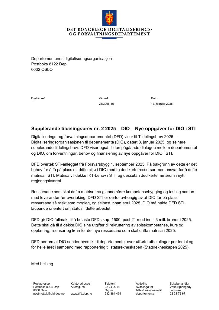 Forsiden av dokumentet Tildelingsbrev Departementenes digitaliseringsorganisasjon 2025 - tillegg nr. 2
