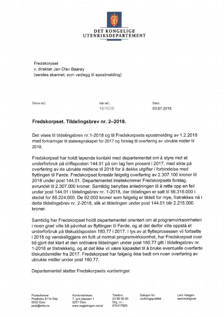 Forsiden av dokumentet Tildelingsbrev Norec 2018 - tillegg nr. 2