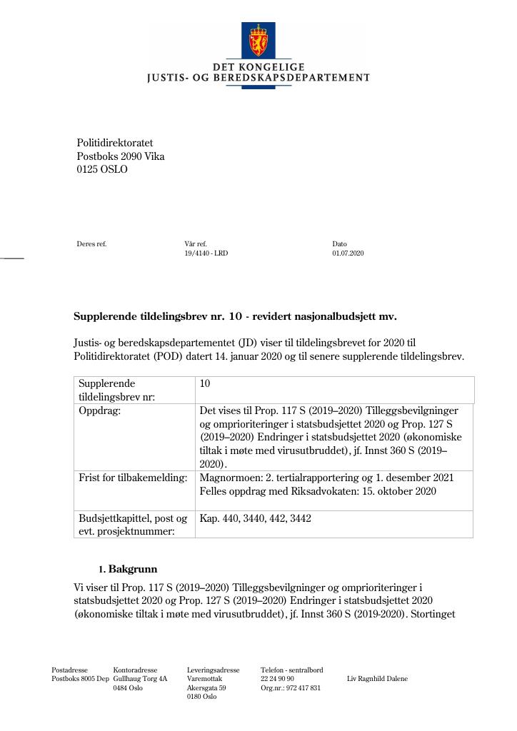 Forsiden av dokumentet Supplerende tildelingsbrev Politidirektoratet 2020 - nr. 10