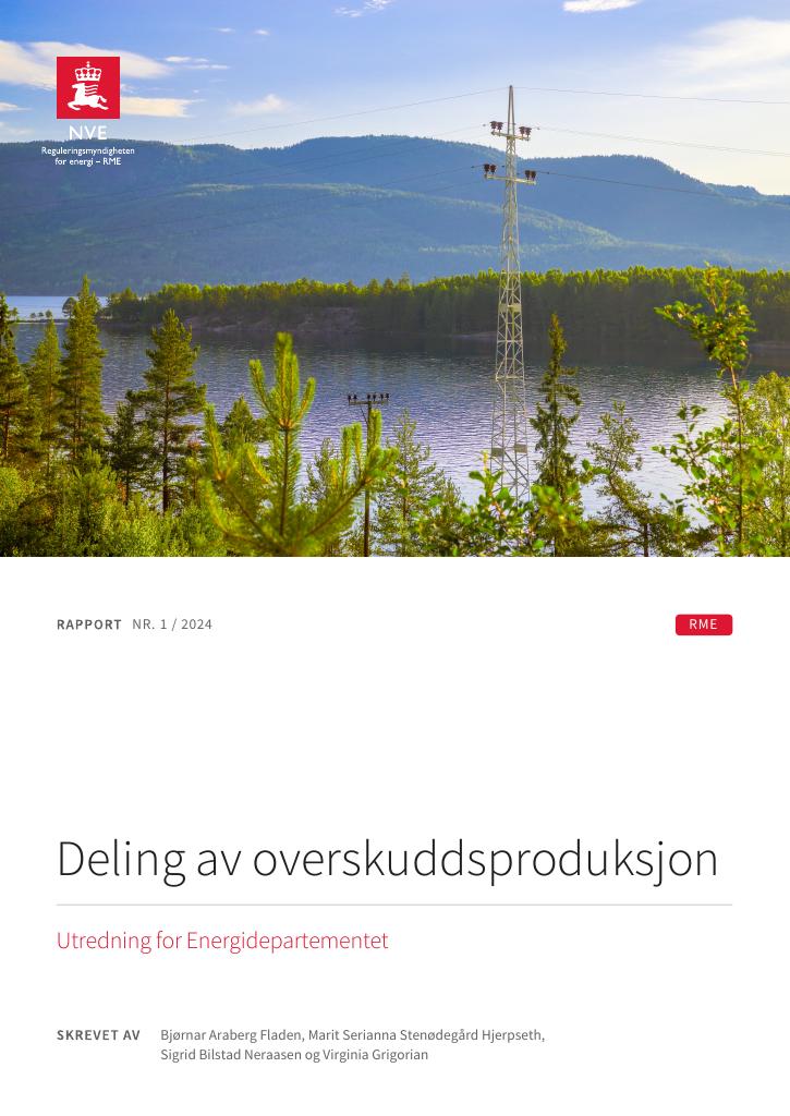 Forsiden av dokumentet Deling av overskuddsproduksjon — Utredning for Energidepartementet