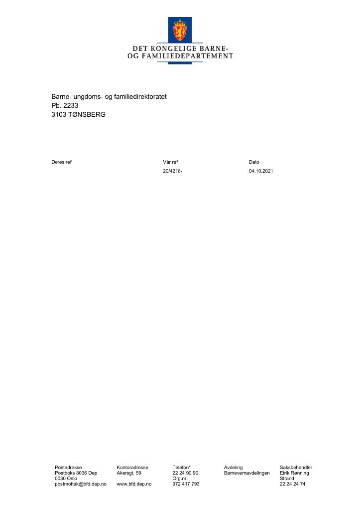 Forsiden av dokumentet Tildelingsbrev Bufdir 2021 - tillegg nr. 7