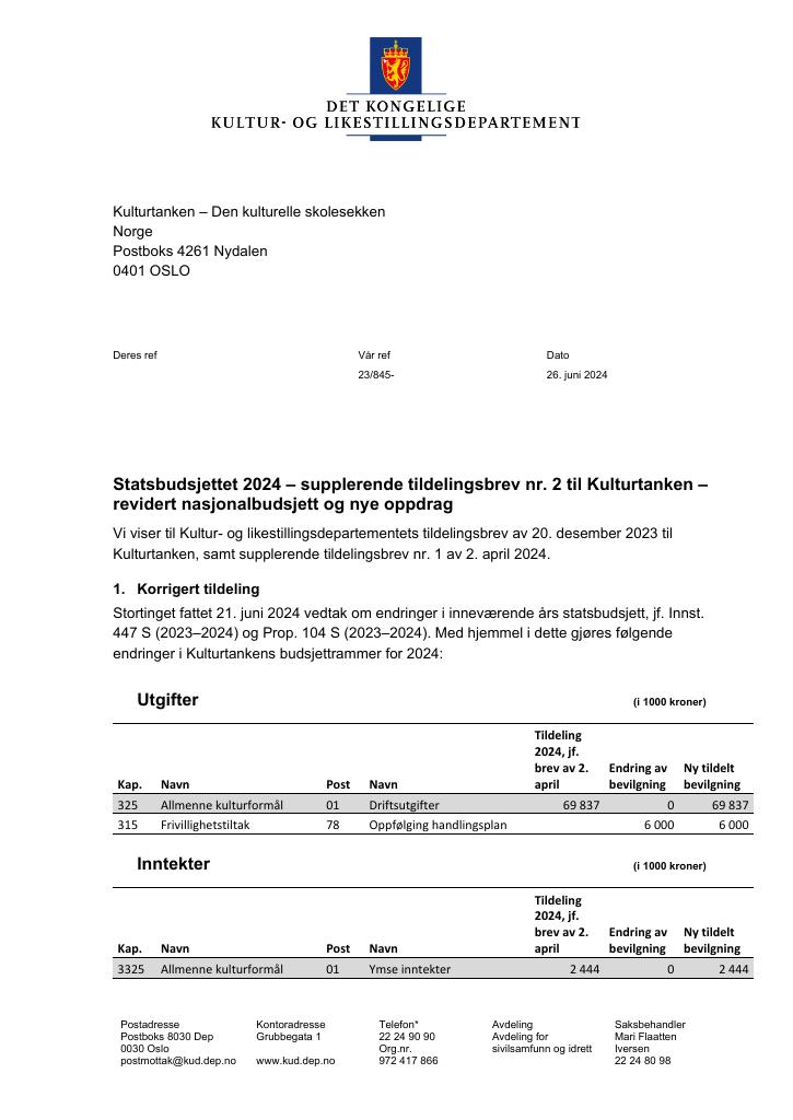 Forsiden av dokumentet Tildelingsbrev Kulturtanken - Den kulturelle skolesekken 2024 - tillegg nr. 2