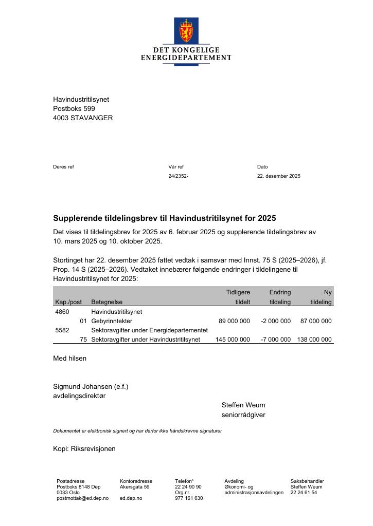 Forsiden av dokumentet Tildelingsbrev Havindustritilsynet 2025 - tillegg nr. 3