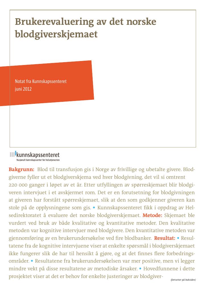Forsiden av dokumentet Brukerevaluering av det norske blodgiverskjemaet