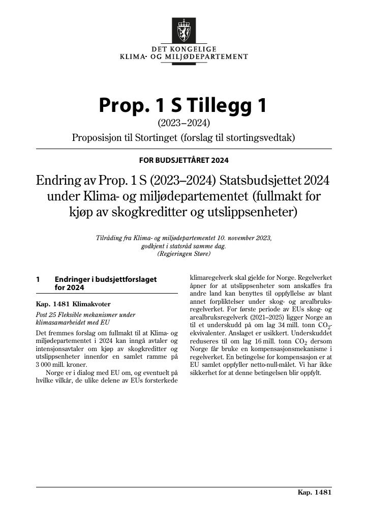 Forsiden av dokumentet Prop. 1 S Tillegg 1 (2023–2024)