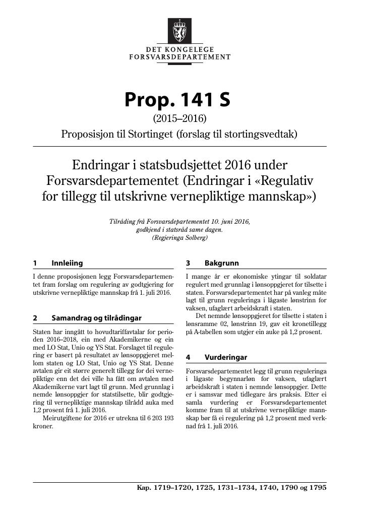 Forsiden av dokumentet Prop. 141 S (2015–2016)