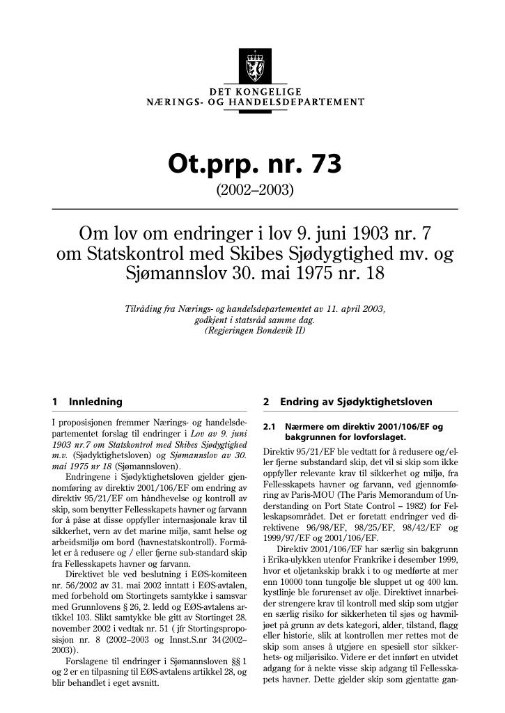 Forsiden av dokumentet Ot.prp. nr. 73 (2002-2003)