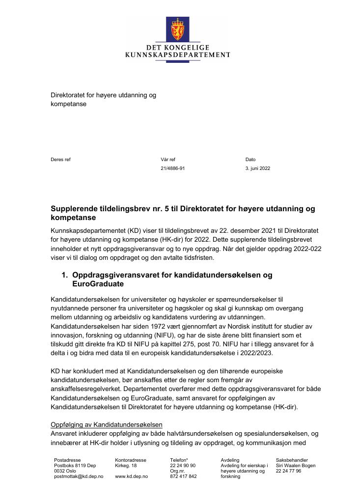 Forsiden av dokumentet Tildelingsbrev Direktoratet for høyere utdanning og kompetanse 2022 - tillegg nr. 5