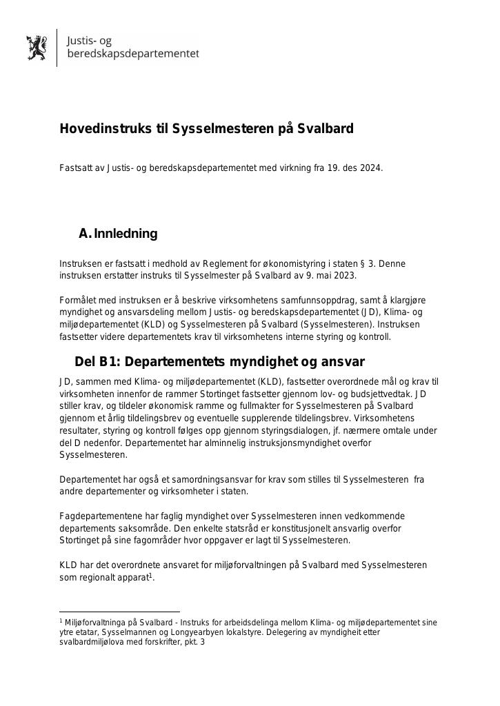 Forsiden av dokumentet Hovedinstruks for Sysselmesteren med virkning fra 19. desember 2024