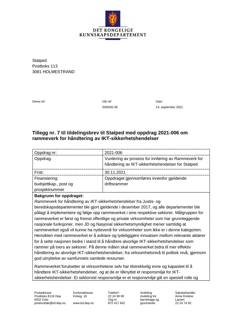 Forsiden av dokumentet Tildelingsbrev Statped 2021 - tillegg nr. 7