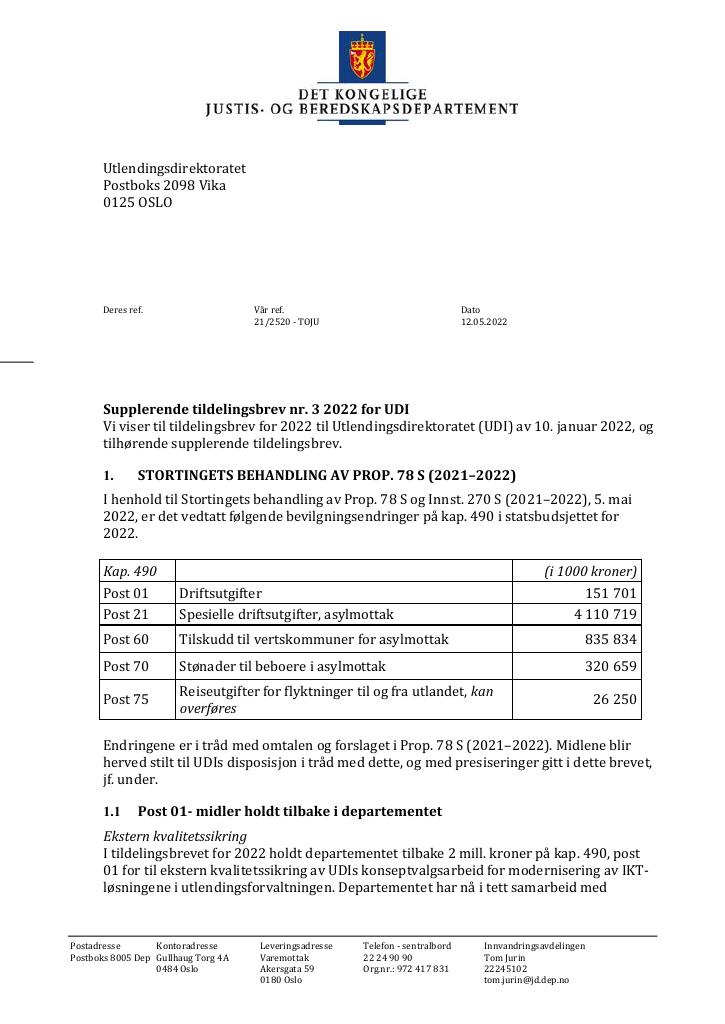 Forsiden av dokumentet Tildelingsbrev Utlendingsdirektoratet 2022 - tillegg nr. 3